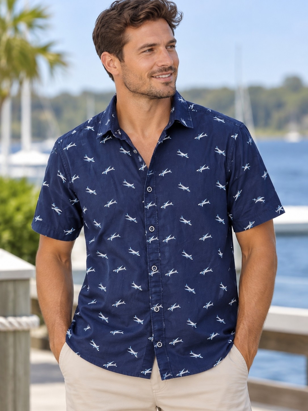 Denim & Flower Ricky Singh Men's Navy Airplane Print Button Up Shirt Slim Fit S